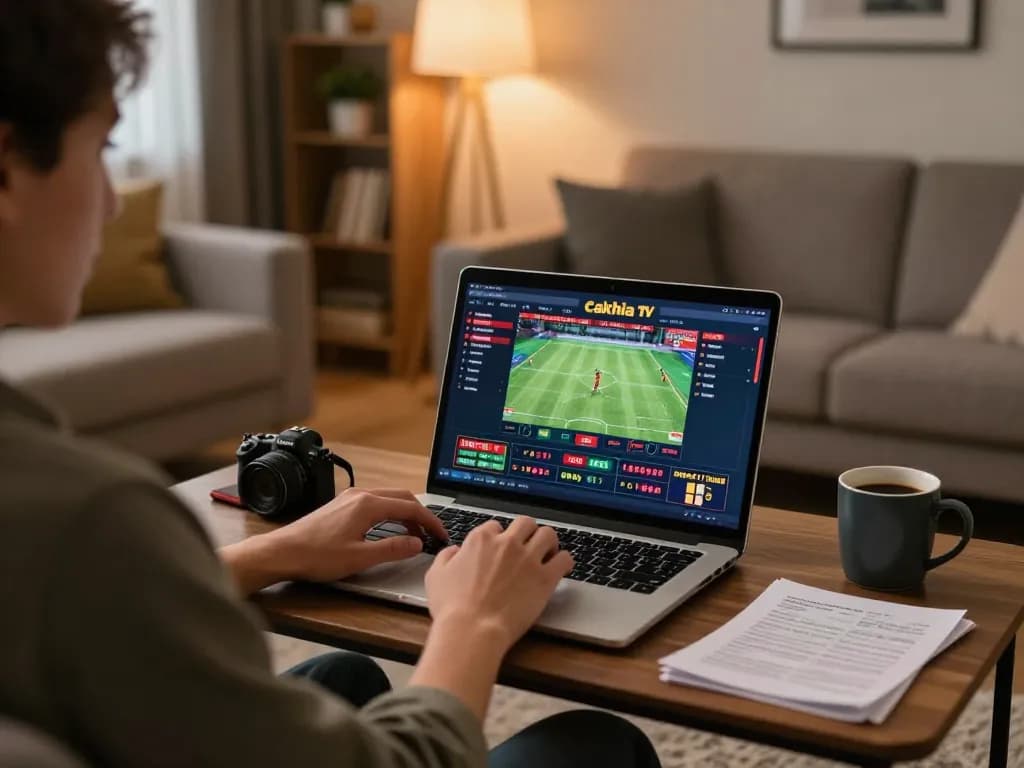 Person using cakhia tv for online betting while enjoying a cozy home setup.