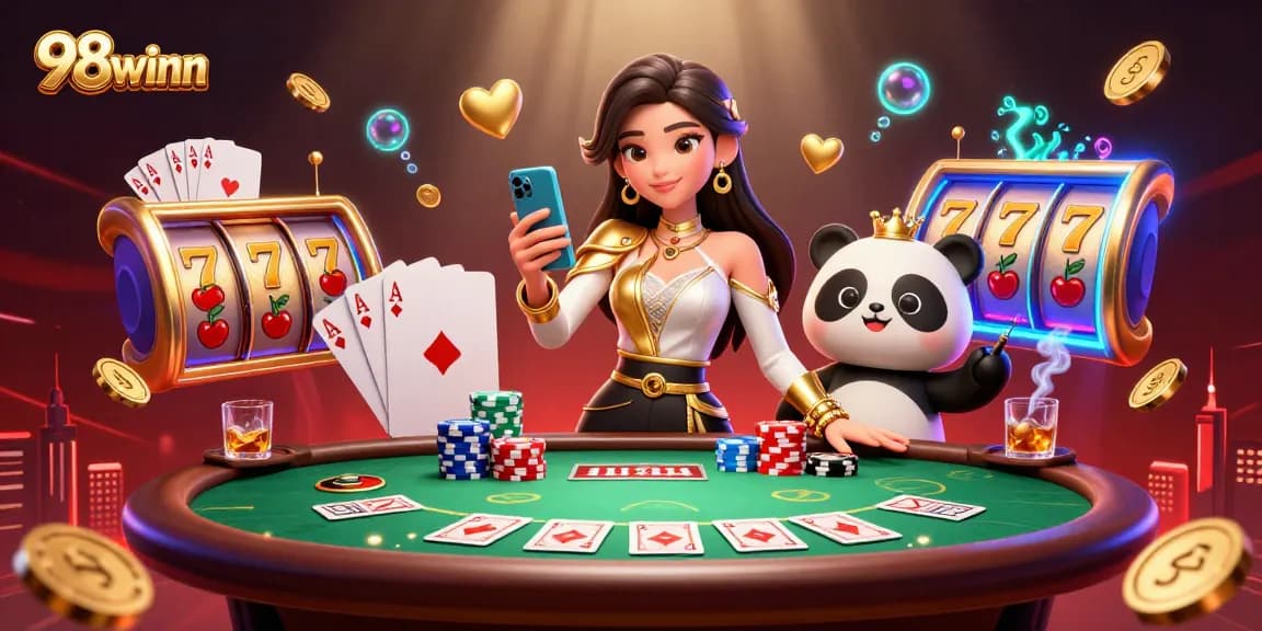 Engage in thrilling gameplay at 98winn with a vibrant scene showcasing slots, poker, and lively characters.