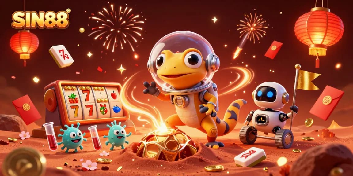 SIN88 showcases a Martian gecko discovering a casino scene filled with festive gambling elements.