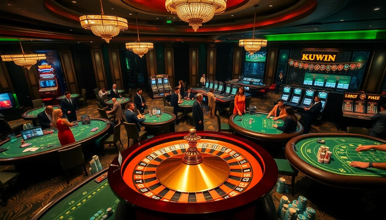 Exciting gaming scene at kuwin casino with players engaged in roulette and blackjack.