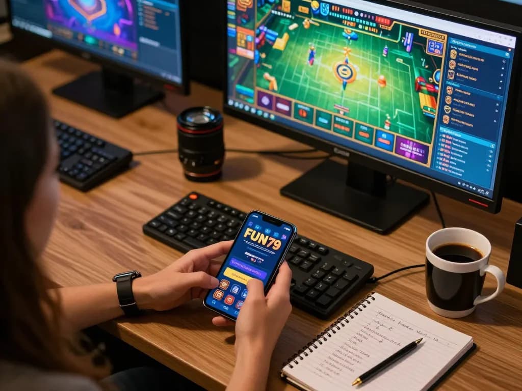 Player enjoying the FUN79 online casino app with a dynamic smartphone setup engaged in strategic gaming.