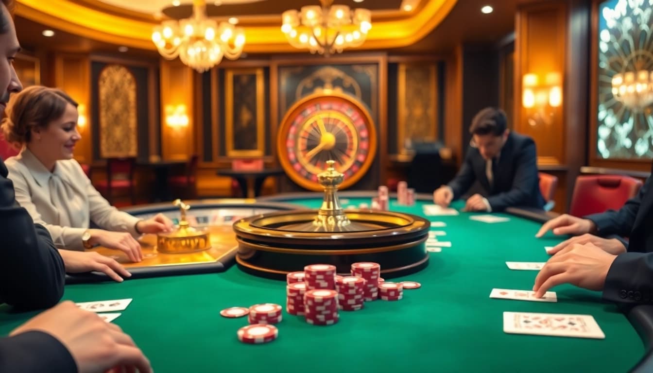 Exciting poker game at 33Win casino with vibrant chips and cards, showcasing luxury and professional gameplay.