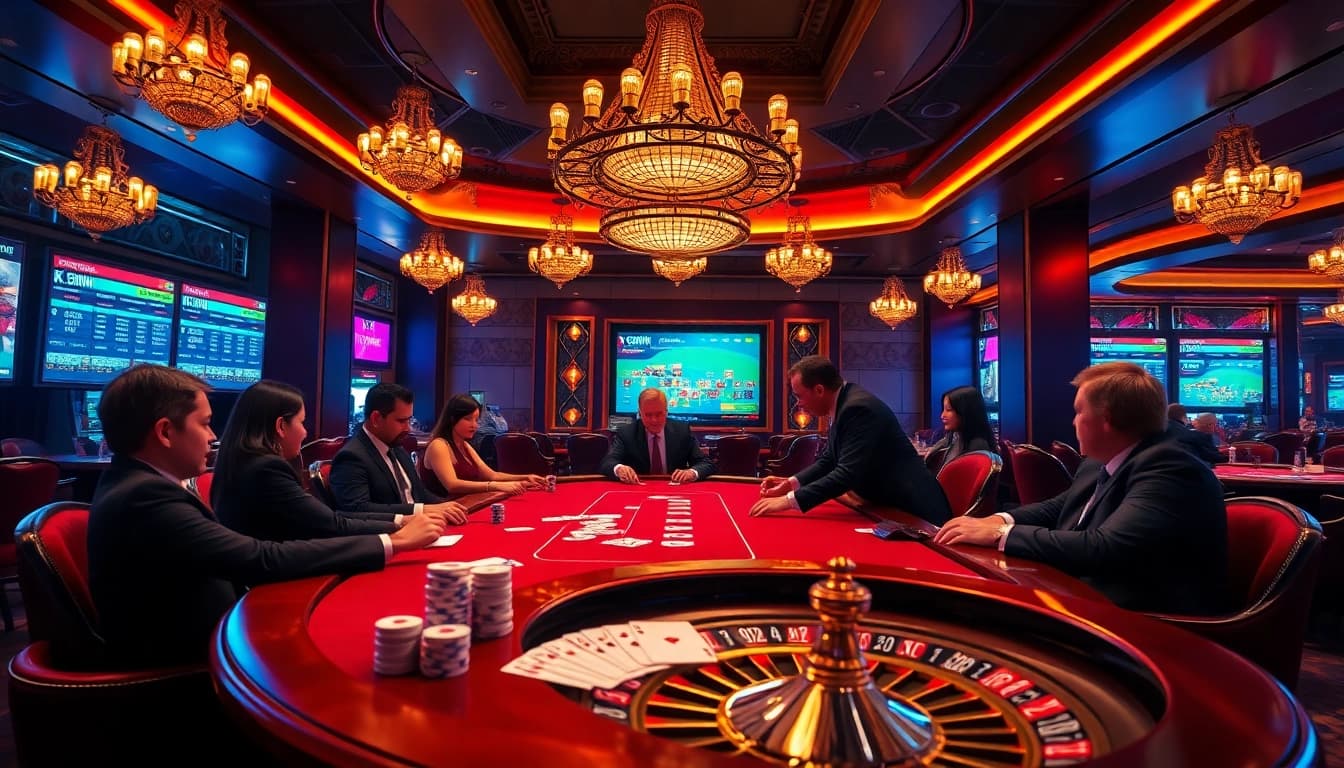Kkwin casino players engaging in a thrilling poker game at a luxurious setup, emphasizing excitement and professionalism.