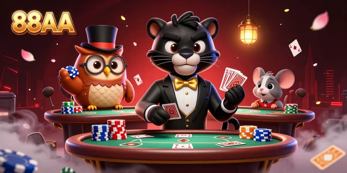 Experience thrilling games at 88AA with stylish characters playing cards in a rich digital casino scene.