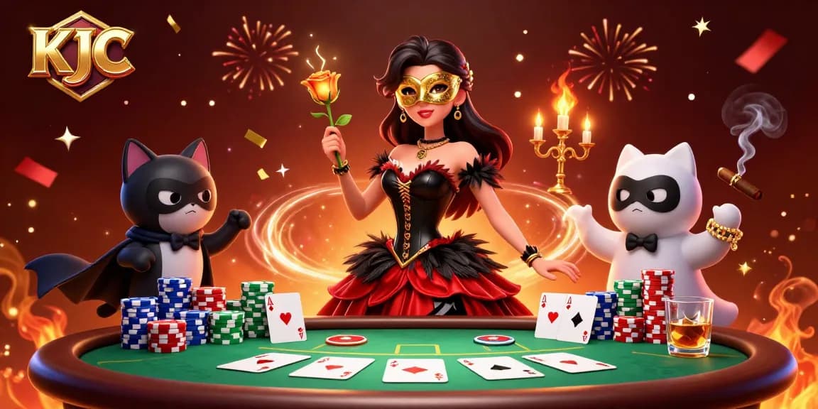 KJC showcases an engaging online casino scene with vibrant characters and poker elements, highlighting thrilling gameplay.