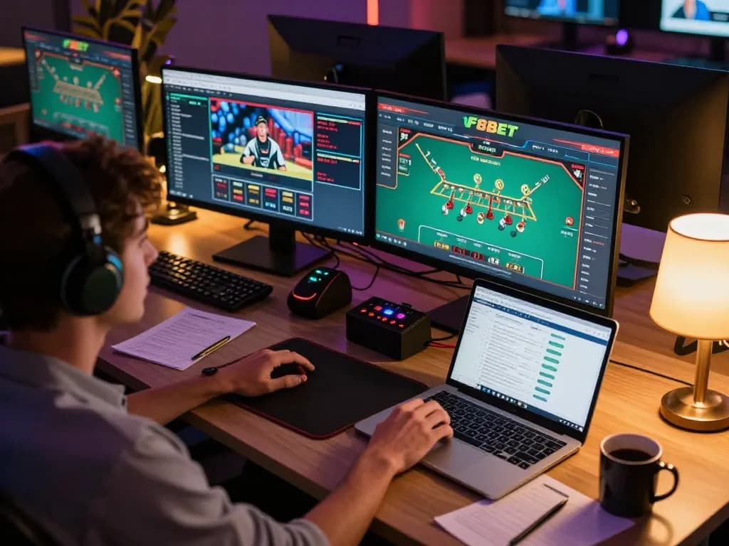 Play F8BET at a stylish online gaming setup showcasing live dealer blackjack and sports betting.