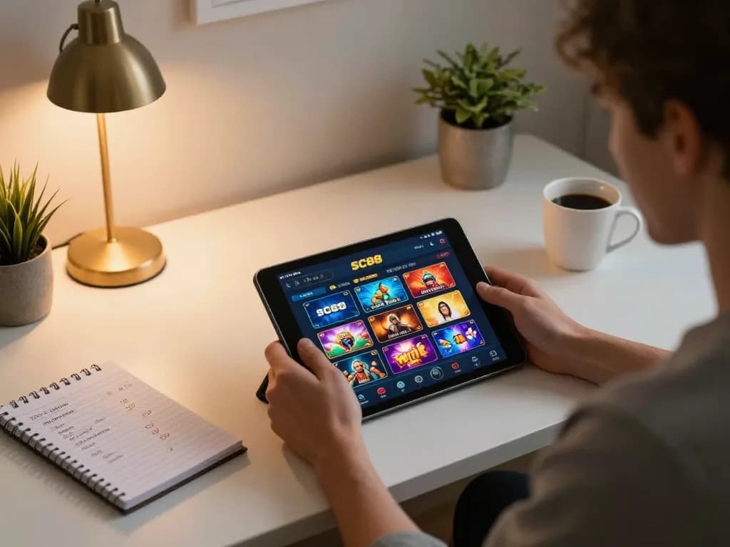 Engaged player using SC88 app for online gaming, showcasing vibrant game interface and personal strategy notes.