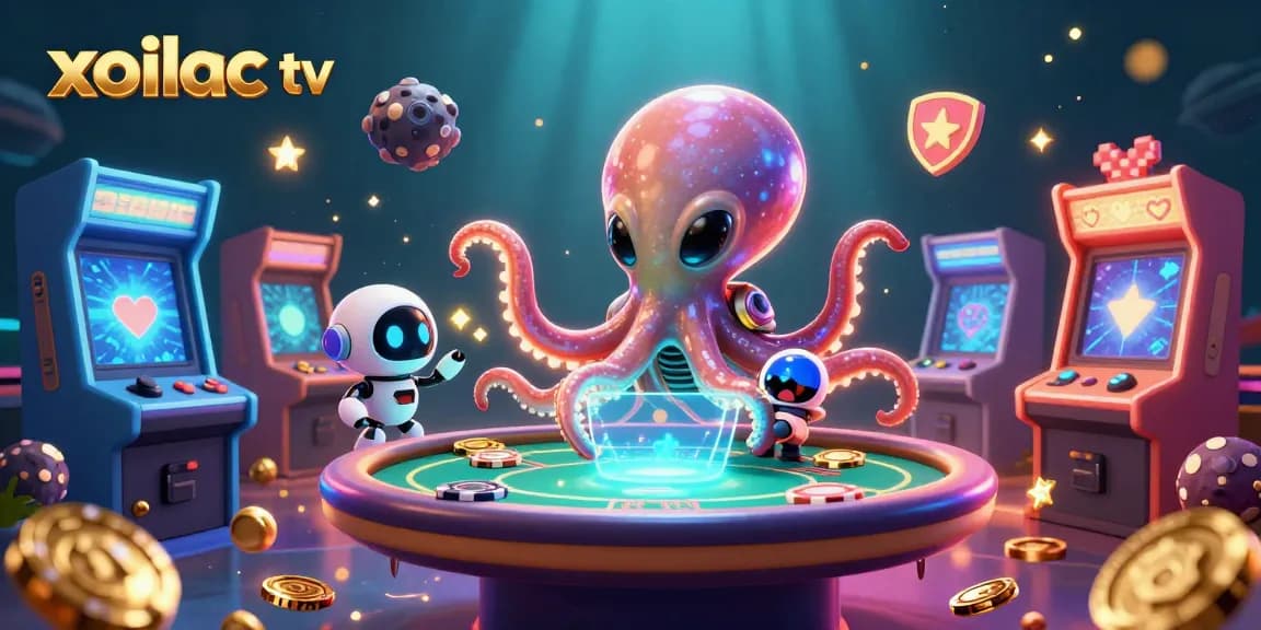 Engage with xoilac tv's thrilling gambling action featuring alien octopus at a holographic poker table.