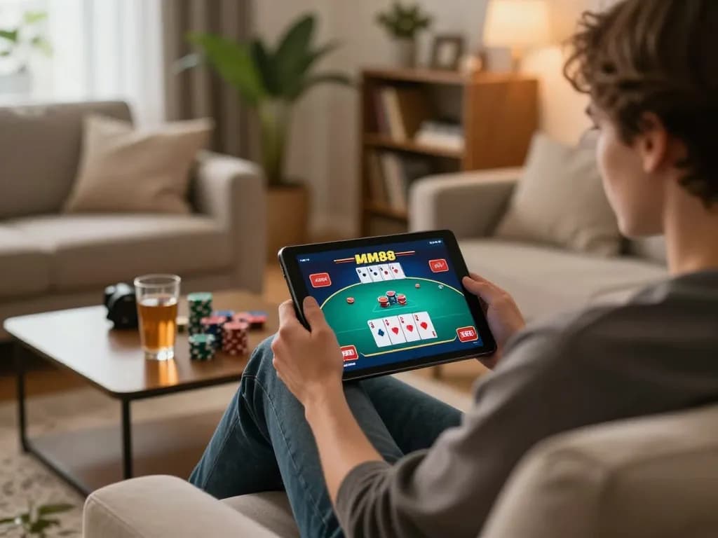 Engaged player enjoying MM88 poker gameplay on a tablet in a cozy home setting, showcasing home gaming.
