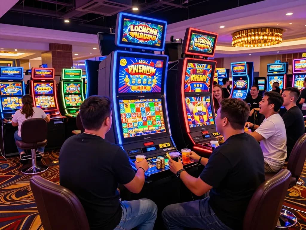 Players enjoying the lucky88 slot machine in a lively casino environment, showcasing exciting gaming atmosphere and cheerful winnings.