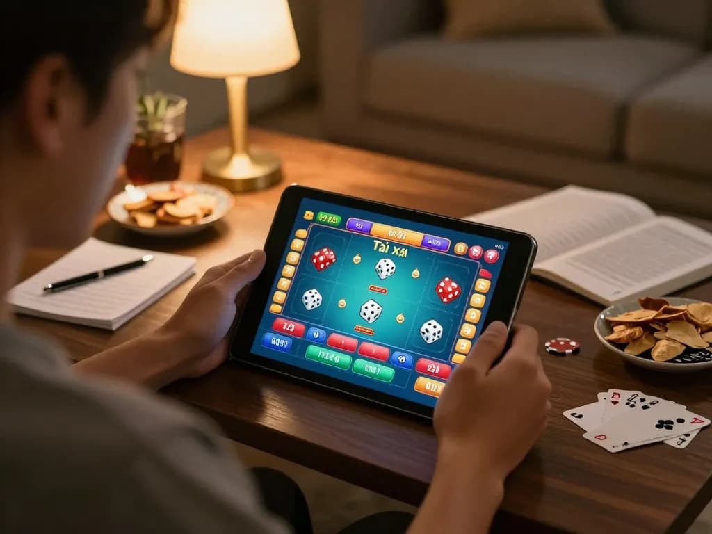 Tài xỉu online game being played on a tablet showcasing vibrant interface and strategic gameplay elements.