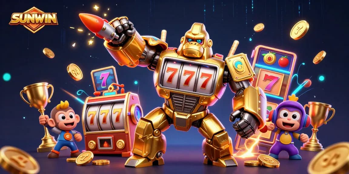 SUNWIN transforms gaming with a vibrant 3D golden gorilla mech smashing through casino elements, visualizing excitement.