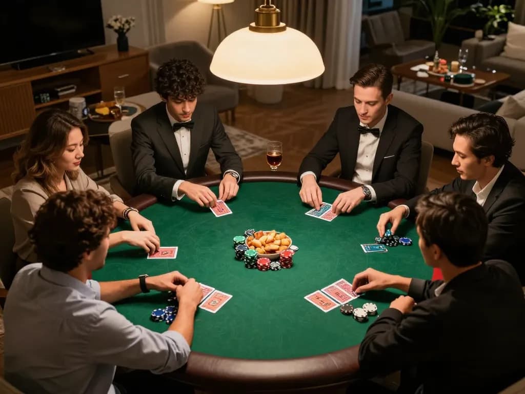Players engaged in a thrilling poker game at home, showcasing the excitement of BL555 gaming strategies.