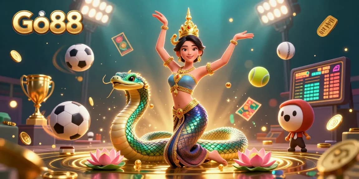 Engage with Go88’s dynamic gaming scene featuring an Asian woman in traditional attire dancing beside a colorful Naga serpent.