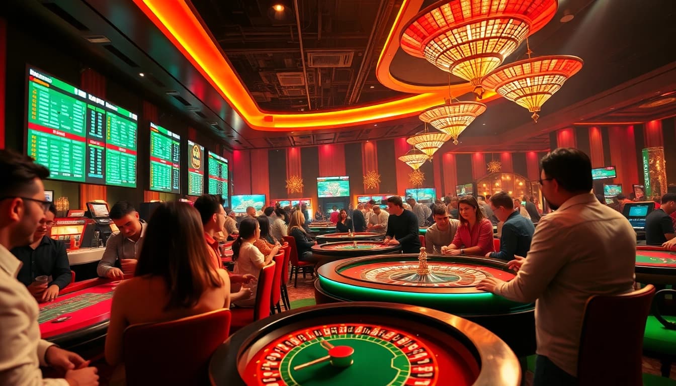 Exciting gaming scene at Nhà cái 32win showcasing diverse players engaging in sports betting and casino games.