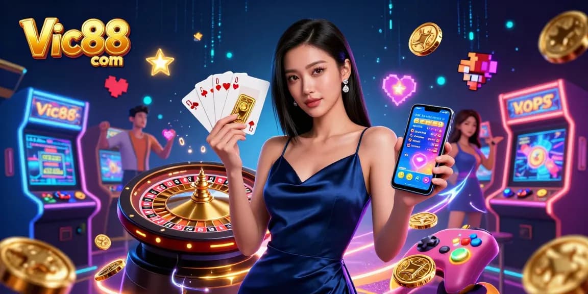 Engage with Vic88 com's thrilling casino experience, featuring a confident player showcasing gaming elements.