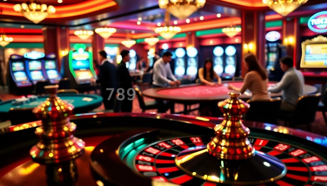 Engaging casino players at 789win223.com enjoying roulette, poker, and slot machines in a luxurious setting.