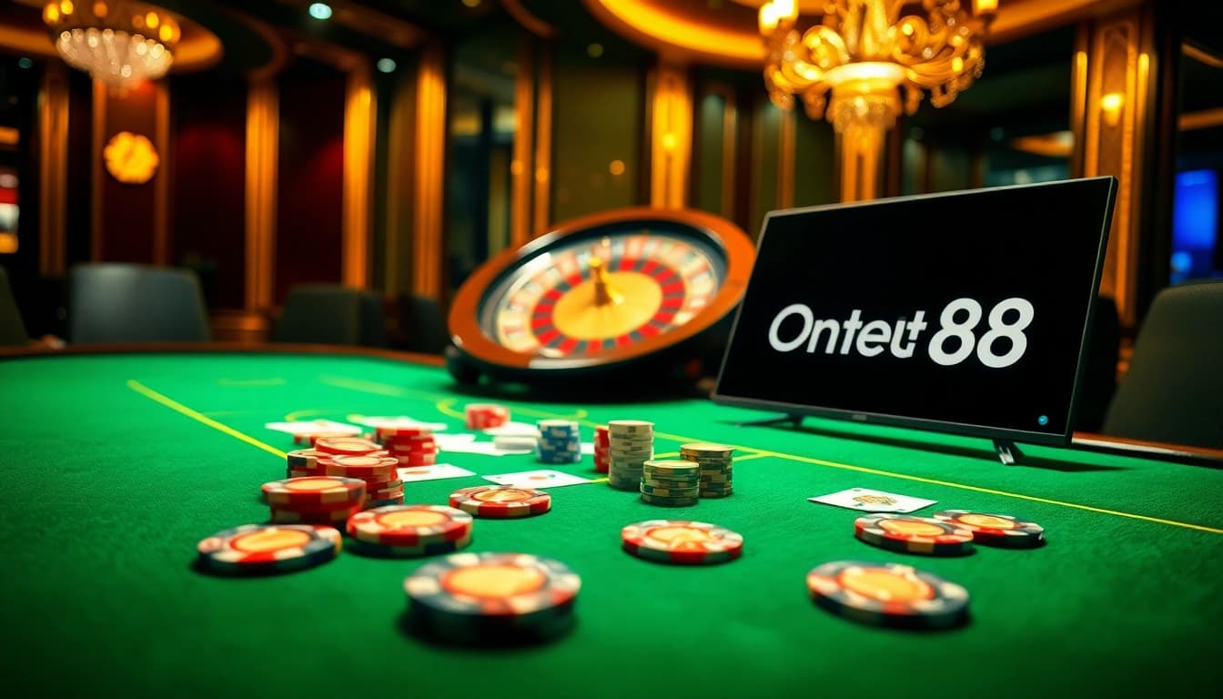 Players enjoy a thrilling casino experience with Onbet88 showcasing vibrant cards and poker chips.