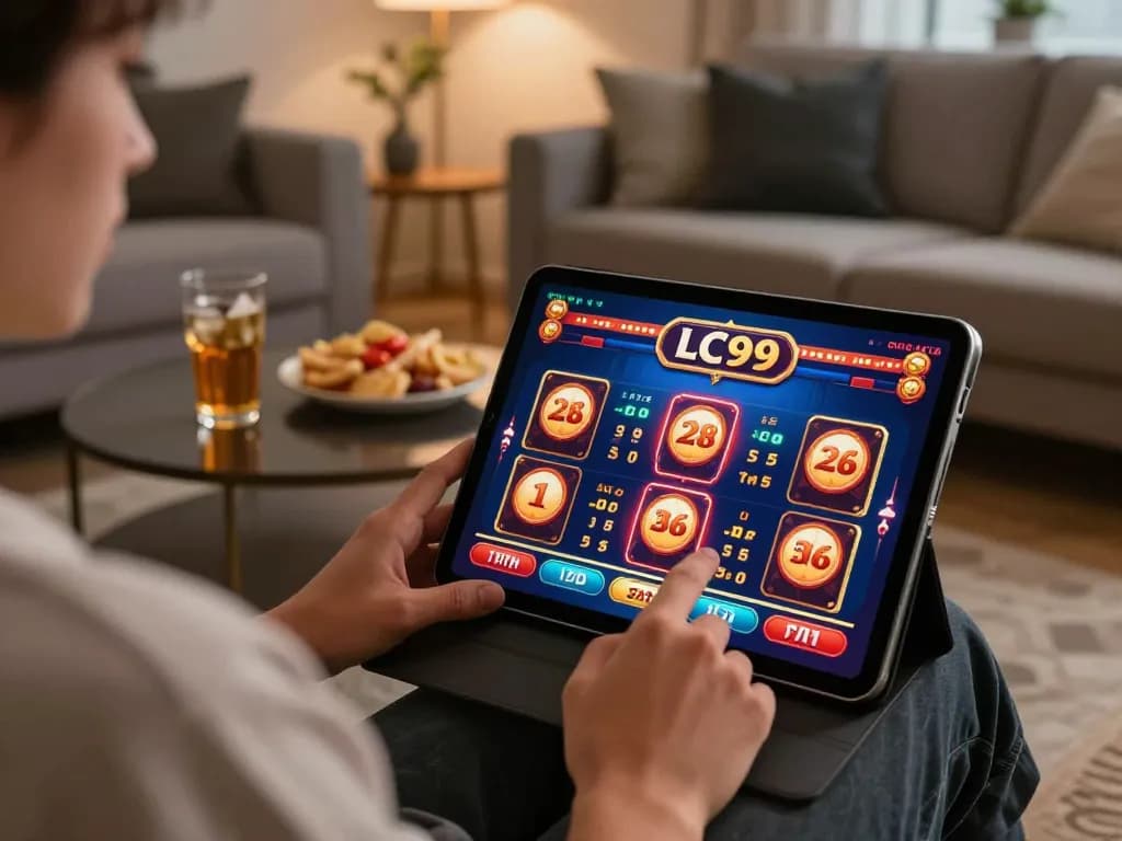Person enjoying online gameplay on LC99 casino in a modern living room with snacks and drinks.