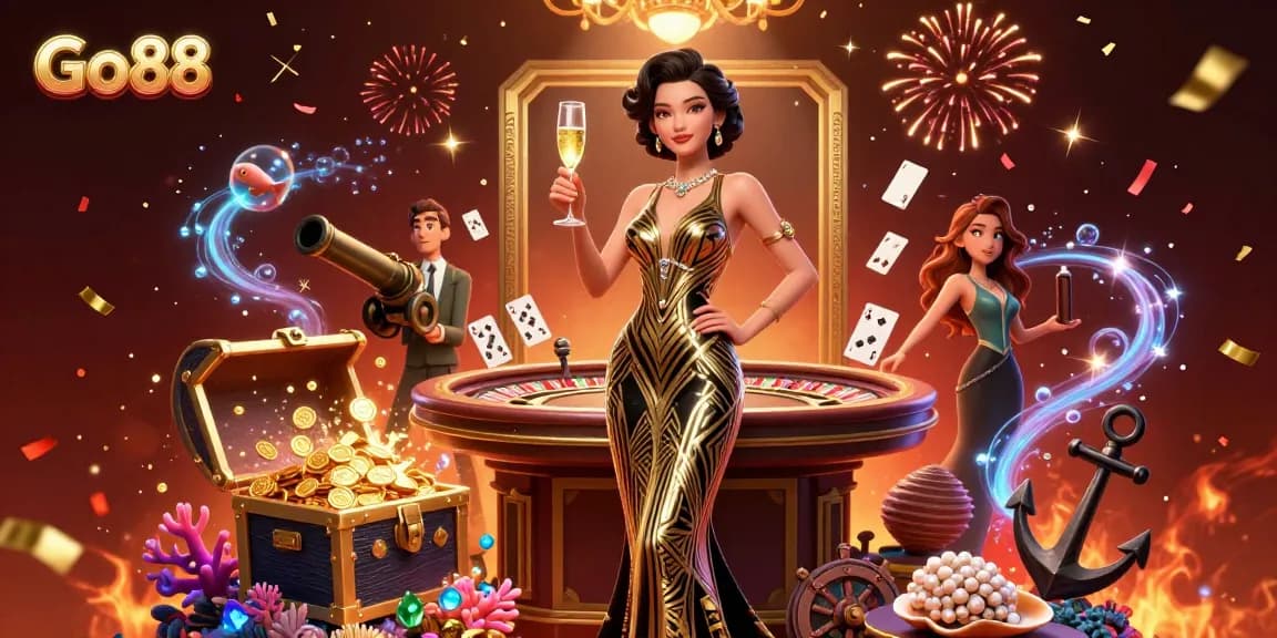 Engage with Go88's top-quality gaming experience, featuring a glamorous casino setting and dynamic game elements.