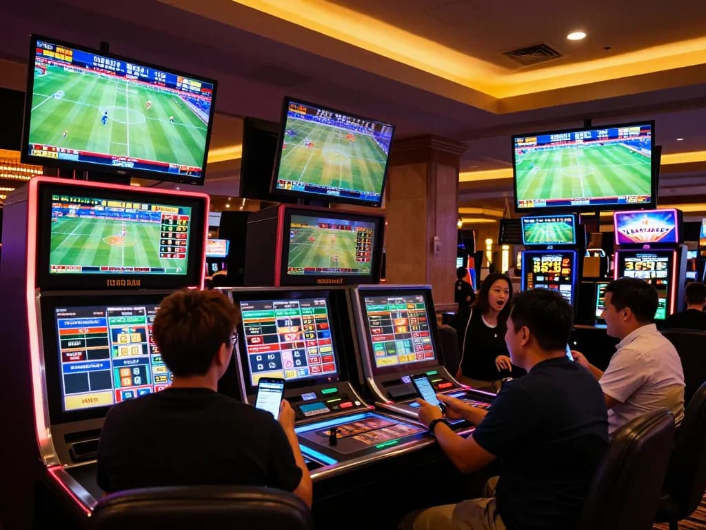 Fans engaging in sports betting at FUN79 with vibrant screens and lively atmosphere