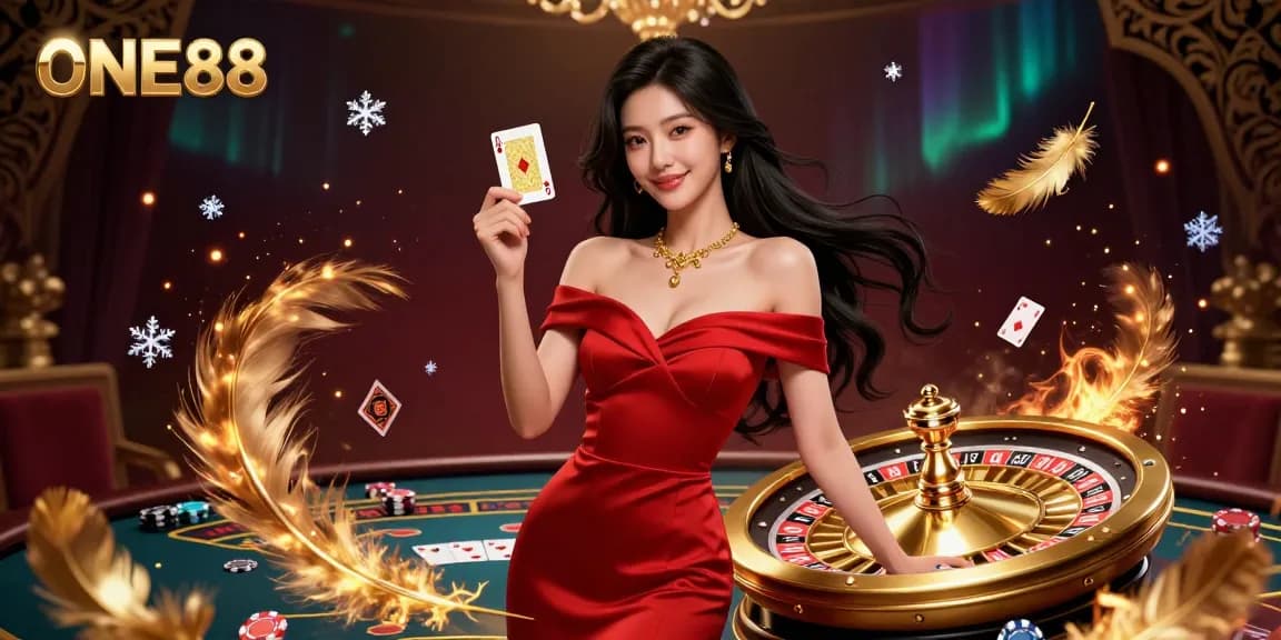 Experience the thrill of ONE88 as a stunning woman engages with a golden roulette wheel in a vibrant live casino.