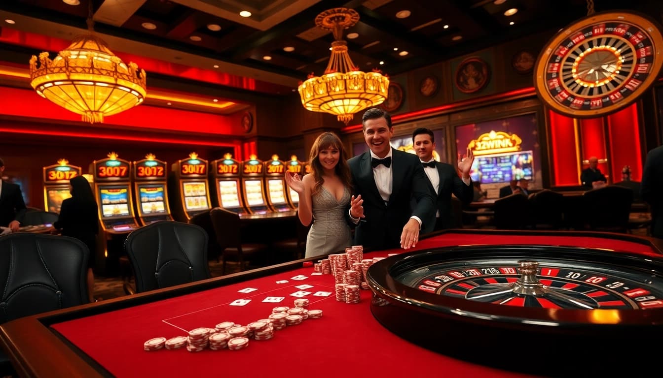 Experience high-stakes excitement at 32WIN with vibrant casino action, poker chips, and lively gamblers.