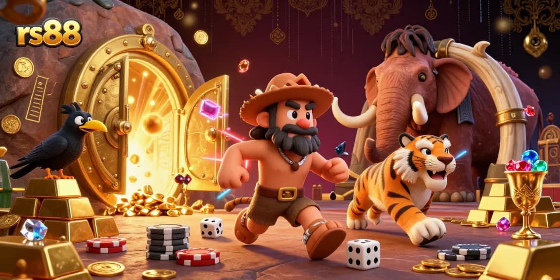 Experience thrilling gaming at rs88 with a vibrant prehistoric casino scene featuring stone poker chips and dazzling treasures.