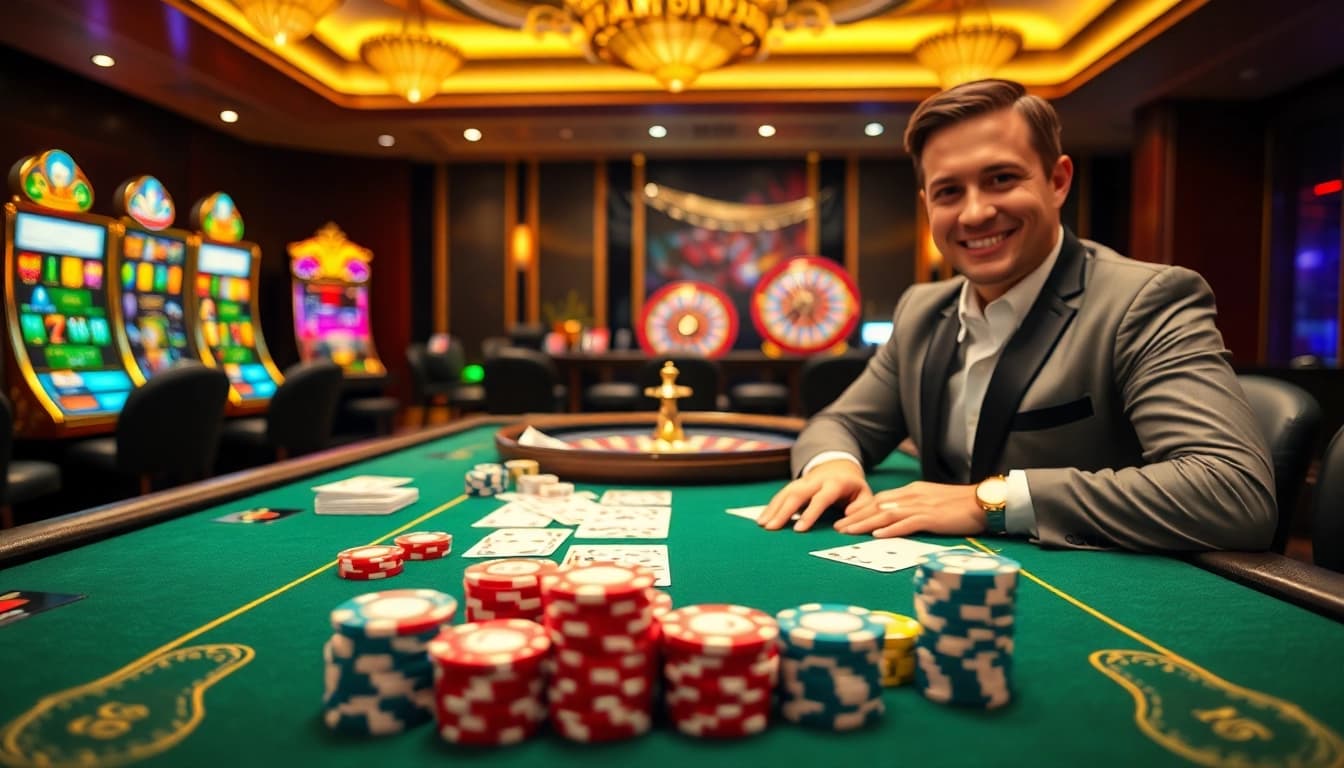 Engaging gameplay at twin68.com with colorful poker chips and a roulette wheel.