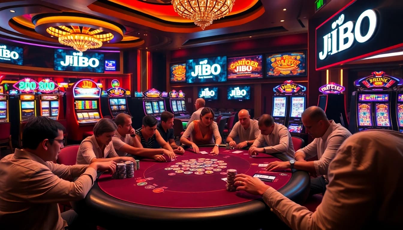 Engage in thrilling gameplay at JBO's upscale casino featuring poker tables and vibrant slot machines.