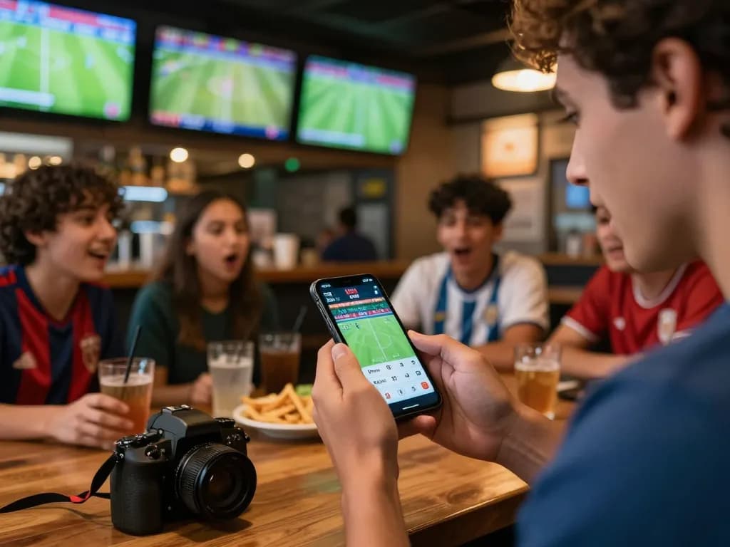 View of sports betting excitement with smartphone displaying kết quả bóng đá among friends in a lively sports bar atmosphere.