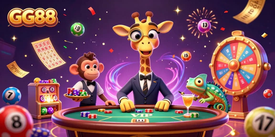 Experience the excitement of GG88 with vibrant casino illustration showcasing high-stakes play and celebration.