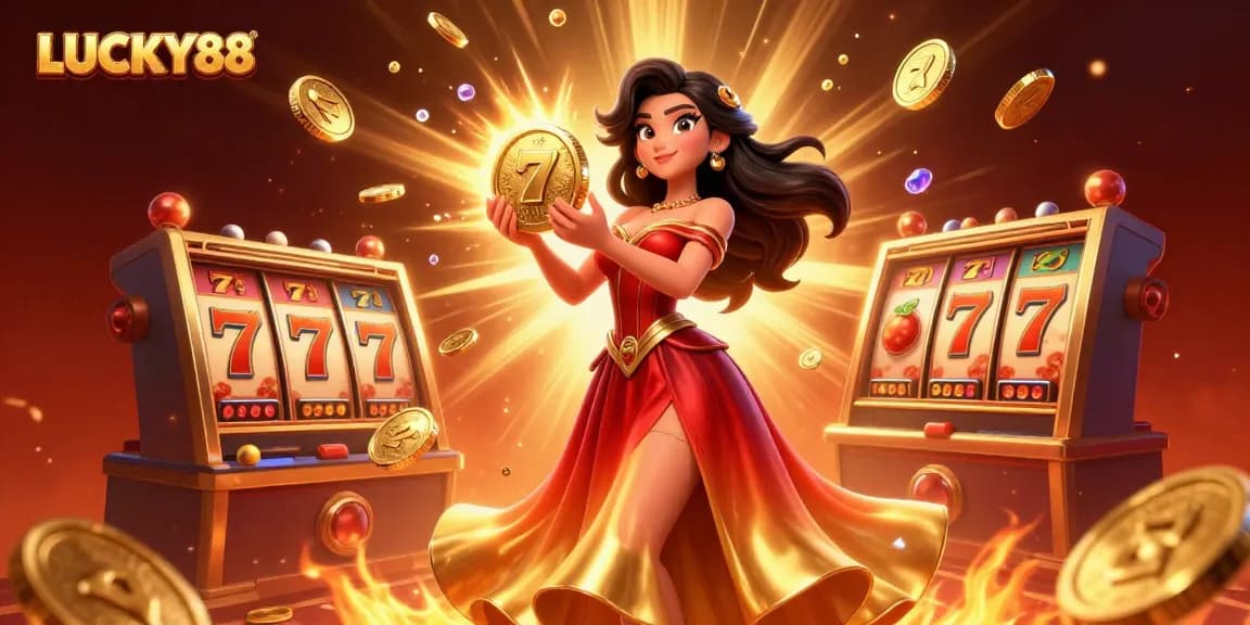 Win big with LUCKY88 in this vibrant casino scene showcasing slot reels and golden coins.