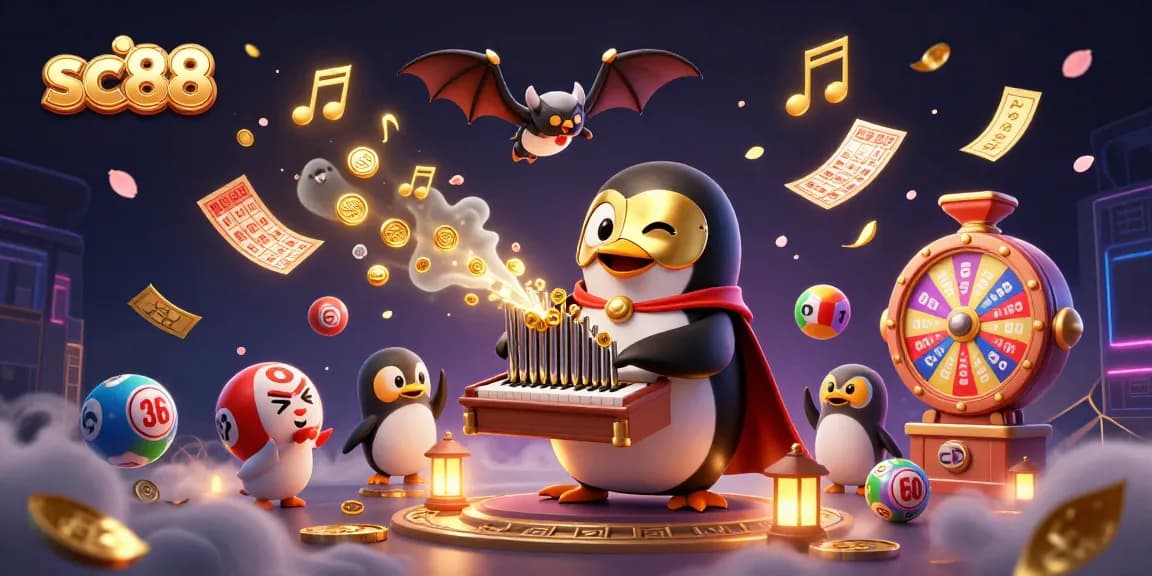 Experience the thrilling world of sc88 with dynamic lottery elements and a phantom opera penguin.