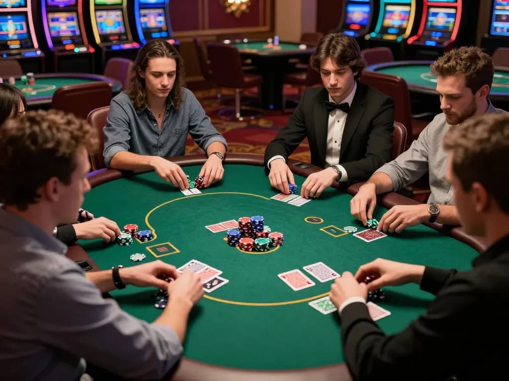Players enjoy a competitive poker game at OnBet casino, showcasing chips and cards in an upscale setting.