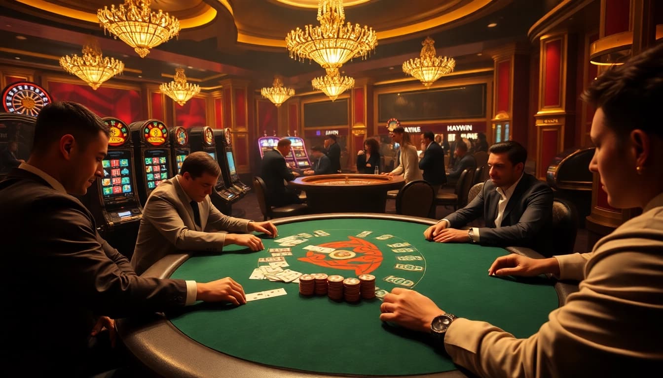 Experience thrilling gambling at Haywin's high-stakes poker table and exciting slot machines.