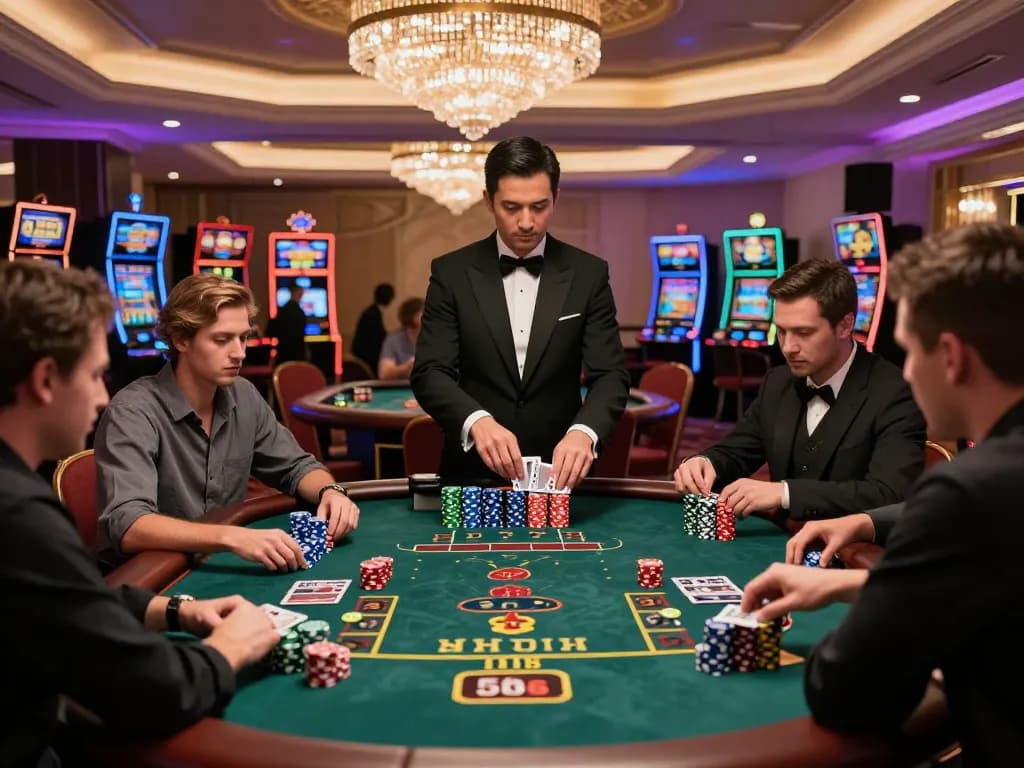Players strategizing at 58win blackjack table amid elegant casino decor and vibrant atmosphere.