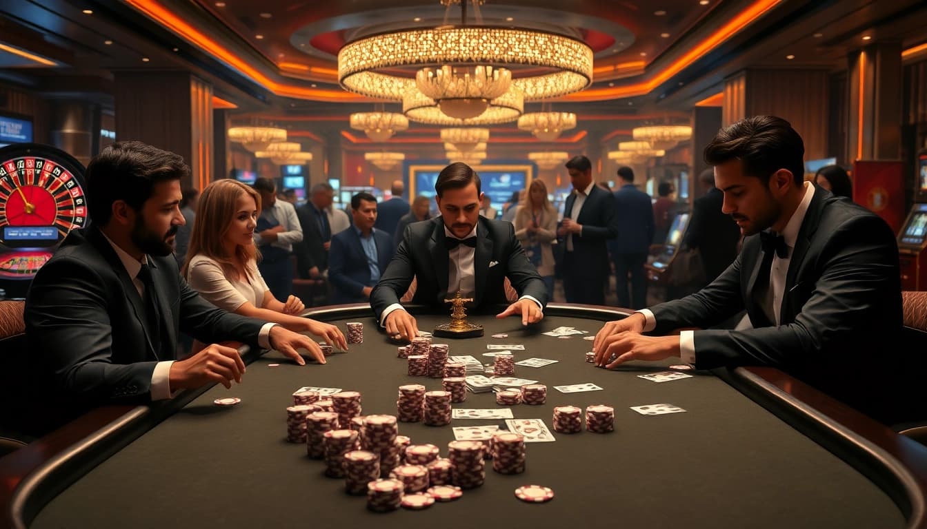 Experience the thrill of MB66 đăng nhập as players enjoy poker in a luxurious casino environment featuring high-quality gaming elements.