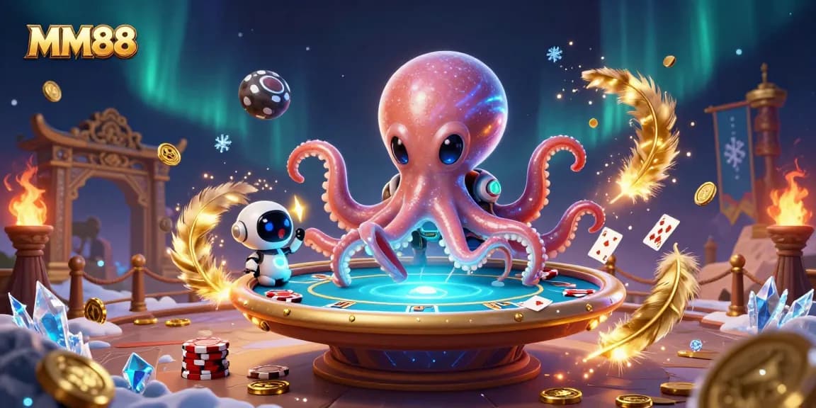 Experience MM88's thrilling atmosphere with a vibrant scene featuring an alien octopus at a holographic poker table.