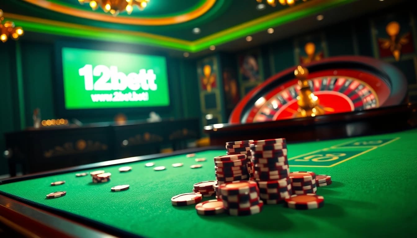 Experience the thrill of betting at https://12bett.bot/ with a luxurious casino setup featuring roulette and poker chips.