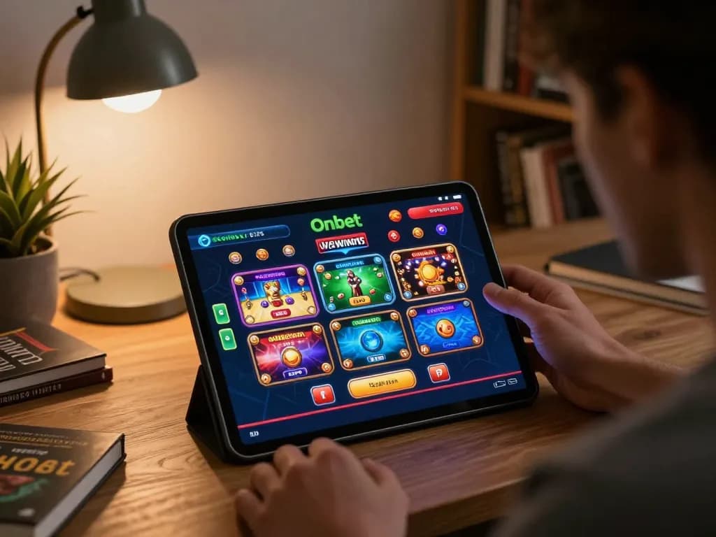 Player exploring Onbet's casino games on a tablet in a cozy home setting