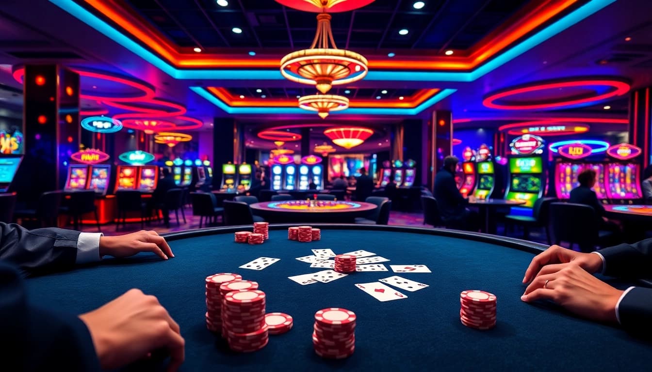 Vaoluoitv players enjoying an engaging poker game surrounded by vibrant casino ambiance.