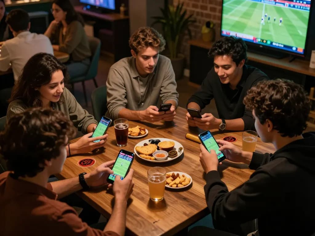 Friends intensely strategizing their bets on sports at 789f, enjoying a lively atmosphere with snacks and drinks.