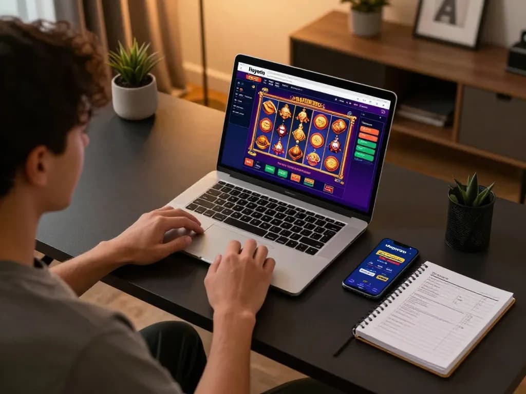Engaging online gaming scene with Haywin app displayed on laptop, showcasing responsible gaming.