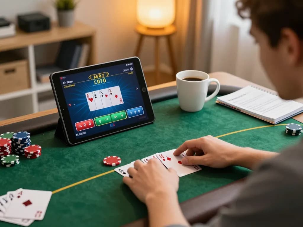 Ricbet player strategizing on a digital poker table from home with a cozy atmosphere.