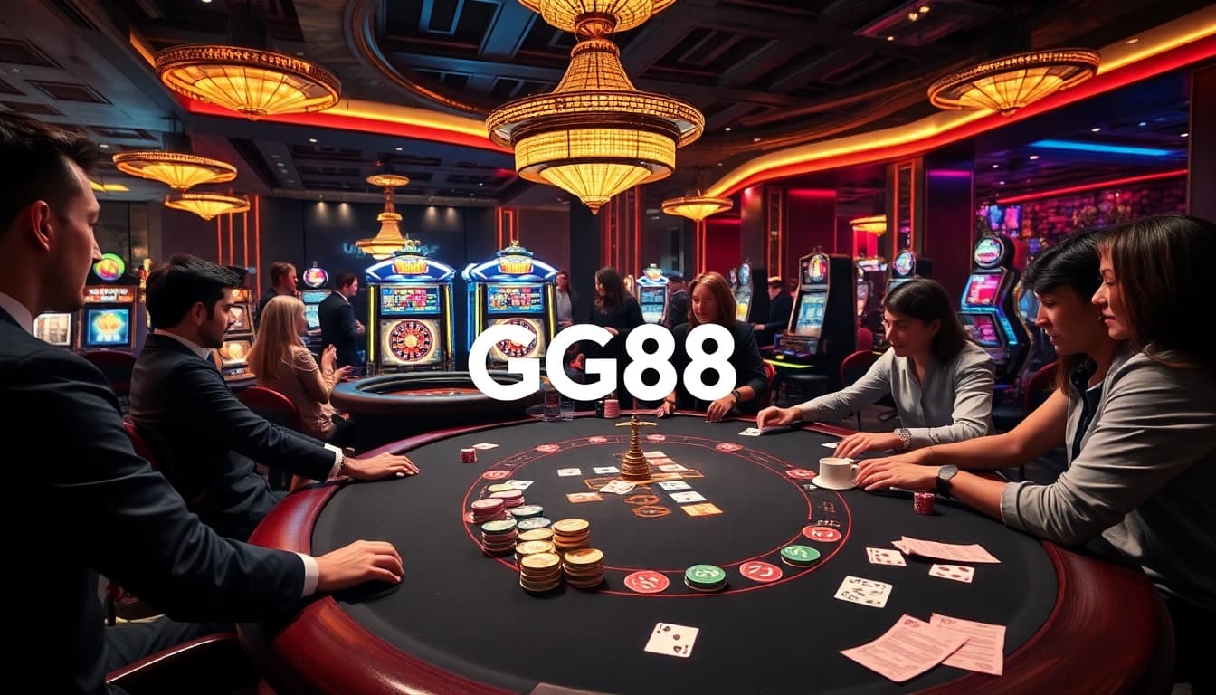 Experience the thrill of gameplay with GG88 at a luxurious casino table featuring poker chips and cards.