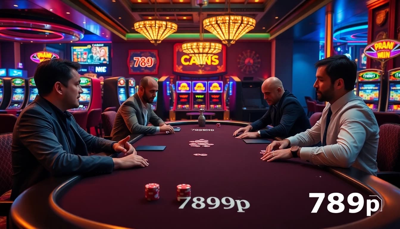 Experience high-stakes excitement at the 789p poker table with colorful slot machines in a luxurious casino setting.