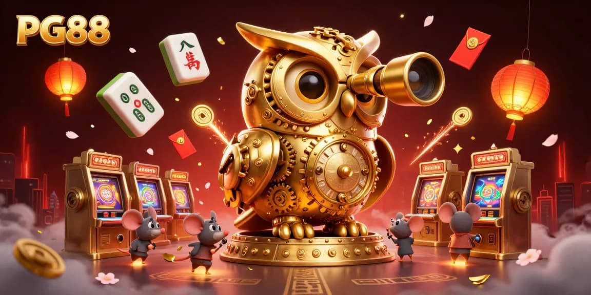 PG88 showcases a vibrant casino scene with a golden owl and casino patrons amidst rich game elements.