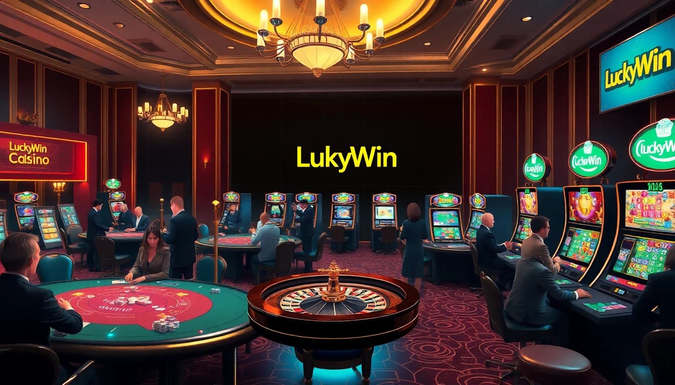 LuckyWin casino scene featuring vibrant slot machines and poker tables amidst luxurious décor.