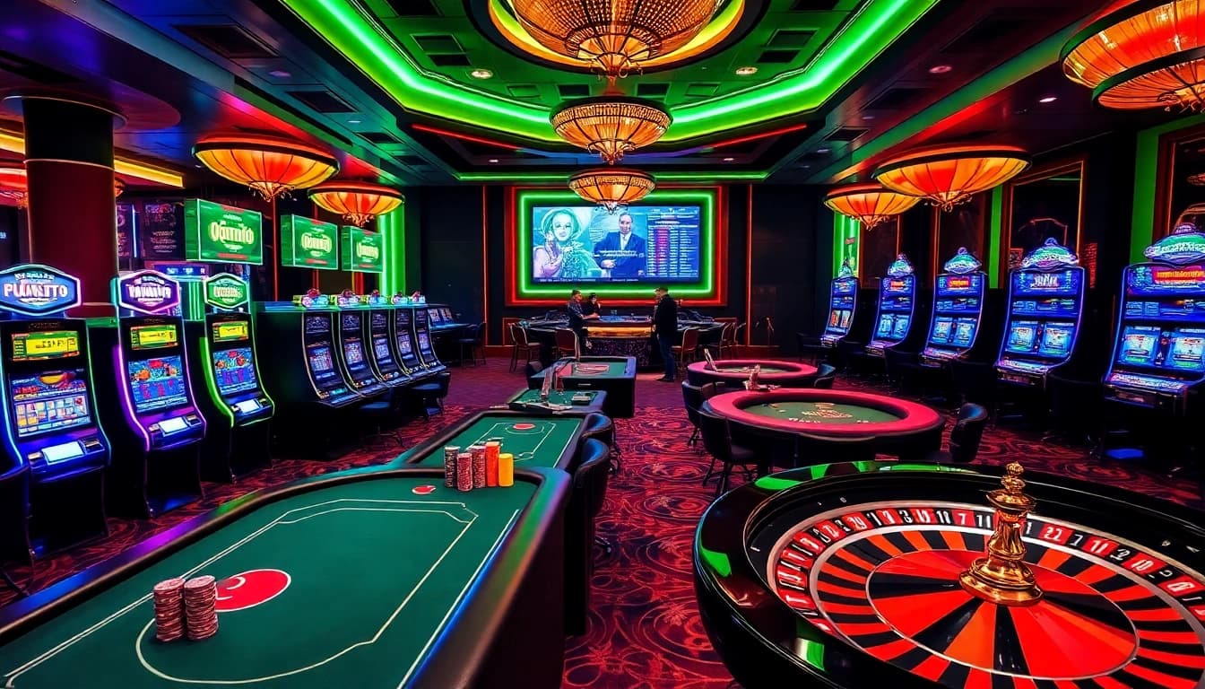 Experience the thrill of Iwin with vibrant slot machines and engaging poker tables in a luxurious setting.
